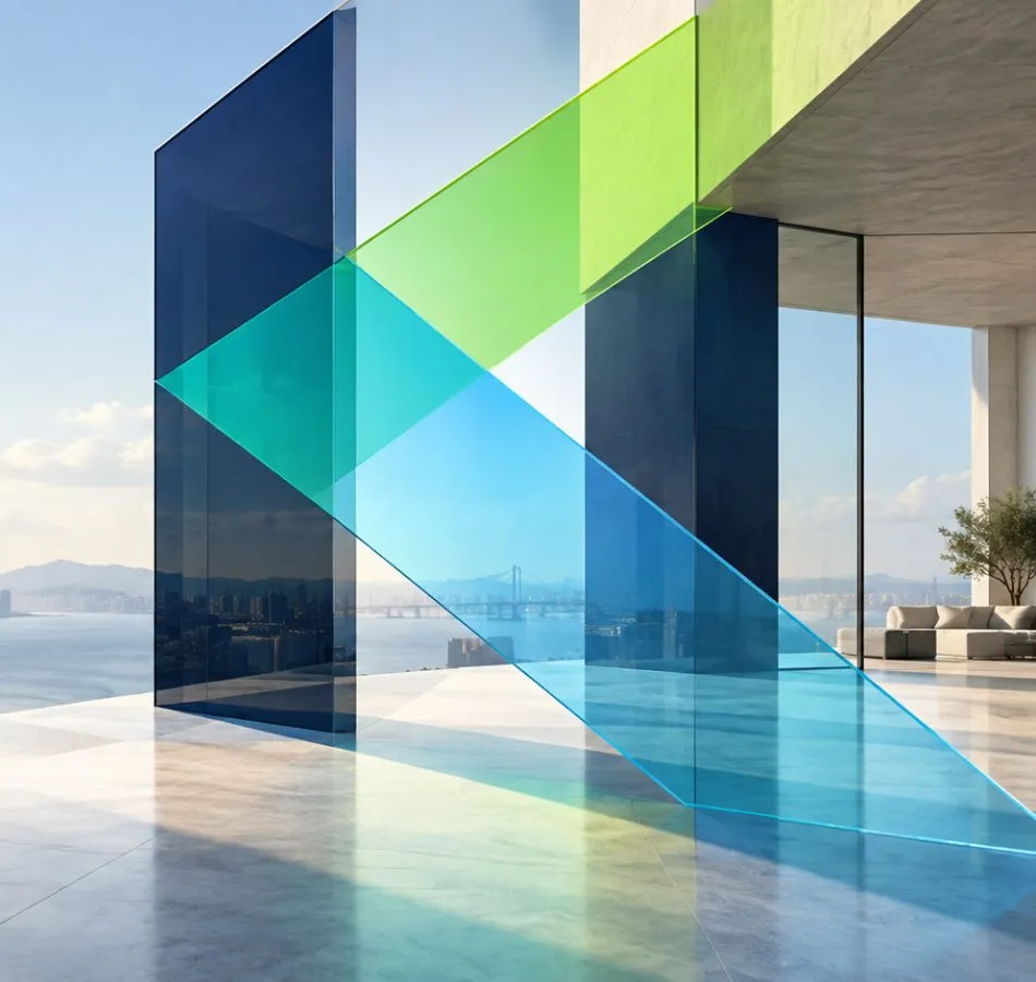 Planos de vidrio translúcido azul, turquesa y verde que forman la K de KLYN en un espacio abierto frente al mar